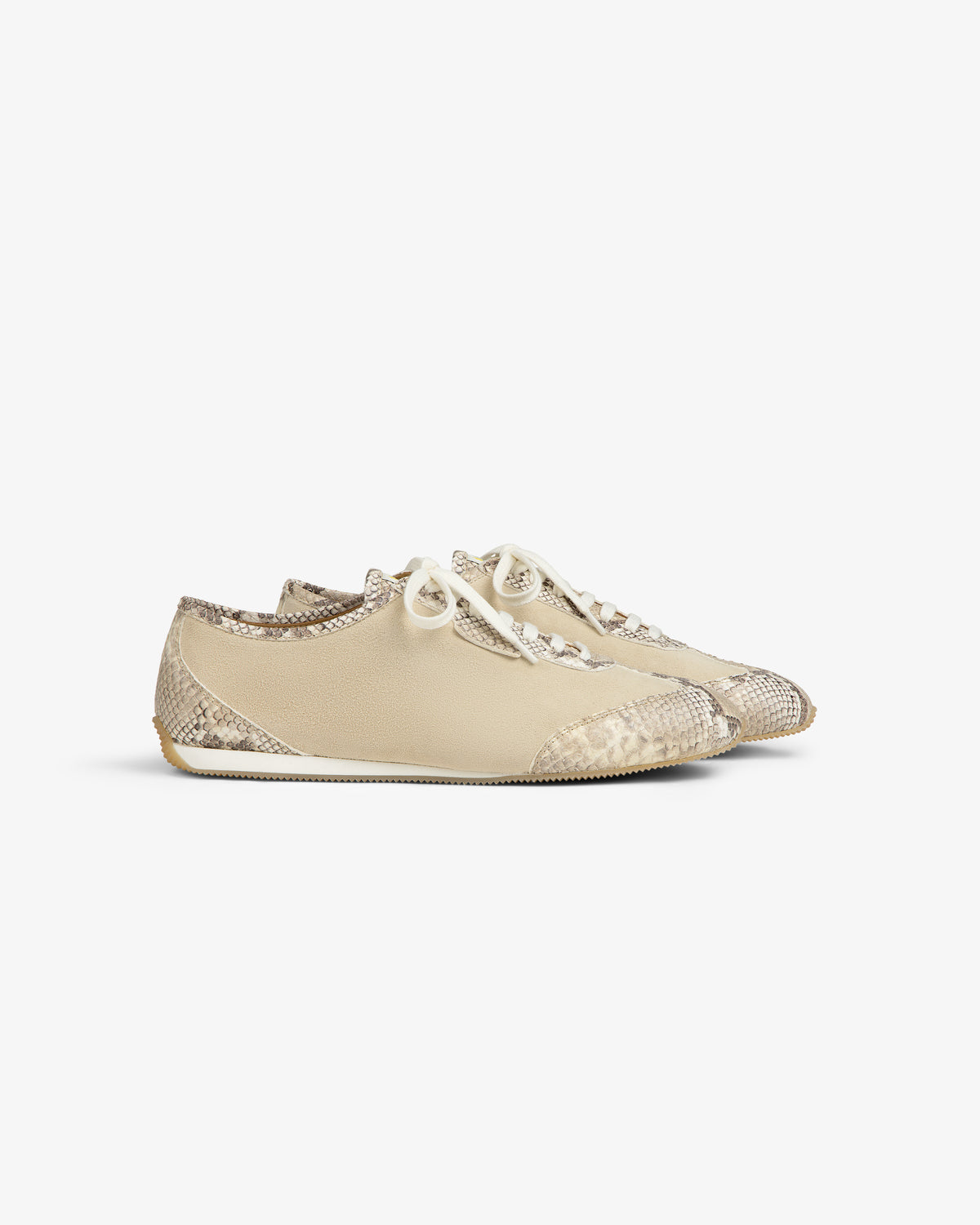 Snake Print Low Profile Suede Trainer in beige, featuring a snakeskin-patterned toe and heel.
