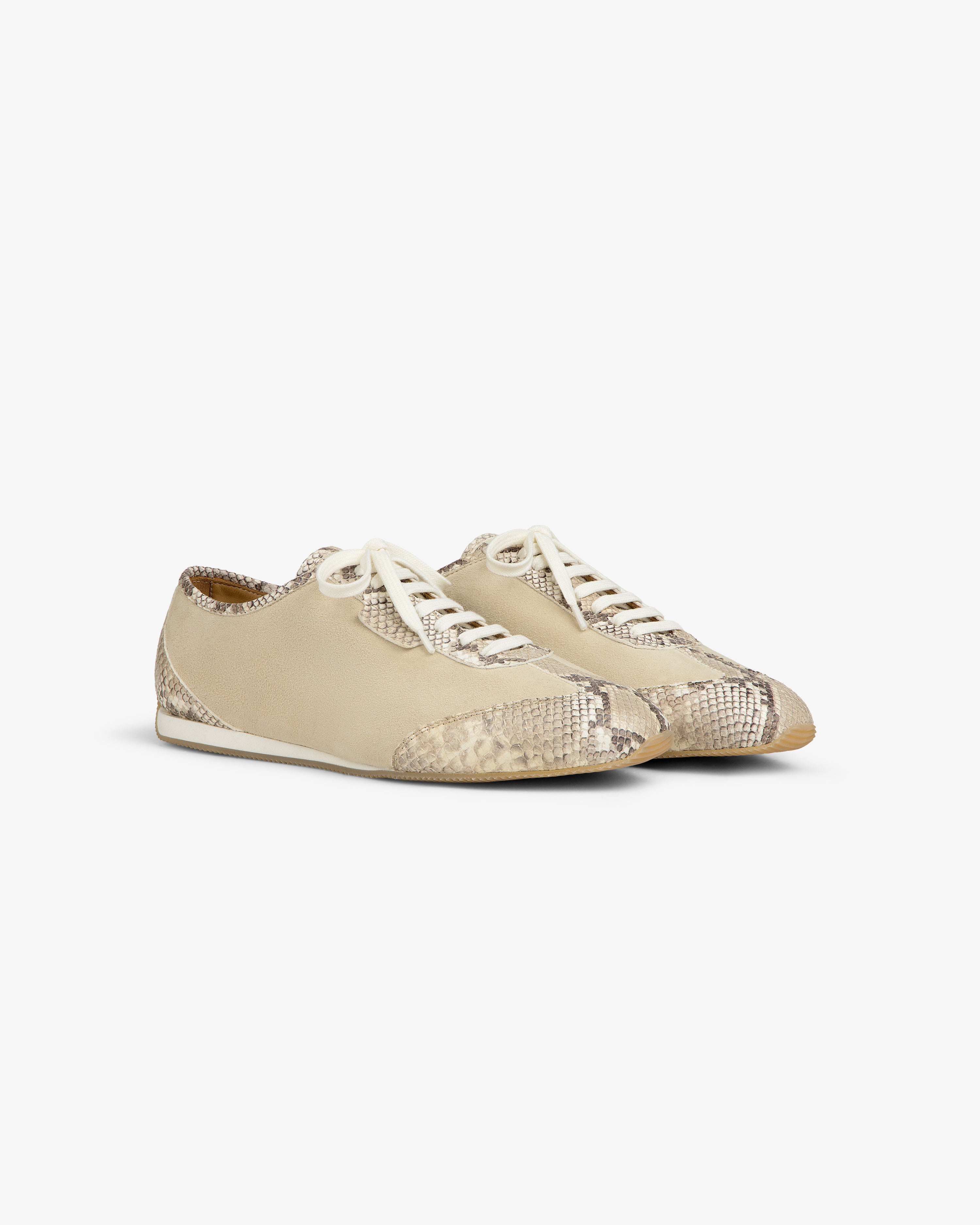 Snake Print Low Profile Suede Trainer in beige with grey snake-print trim and white laces.