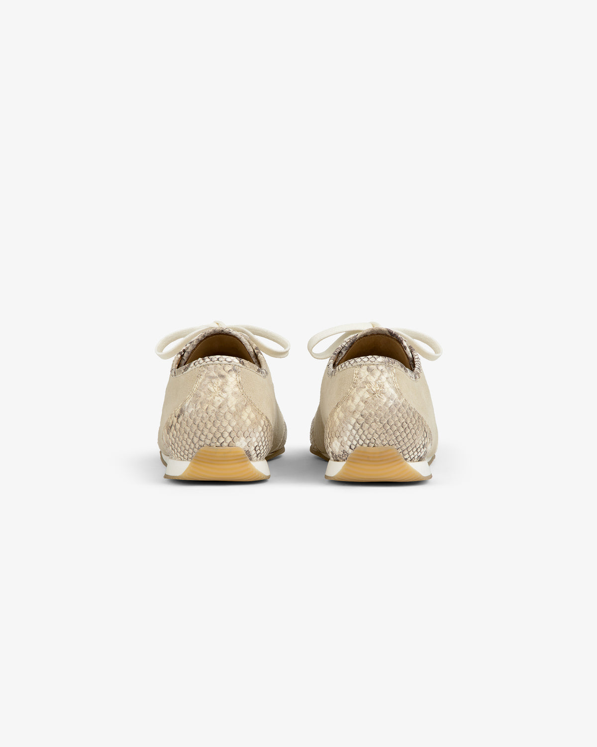 Back view of two Snake Print Low Profile Suede Trainers featuring snakeskin-textured heels and white laces.