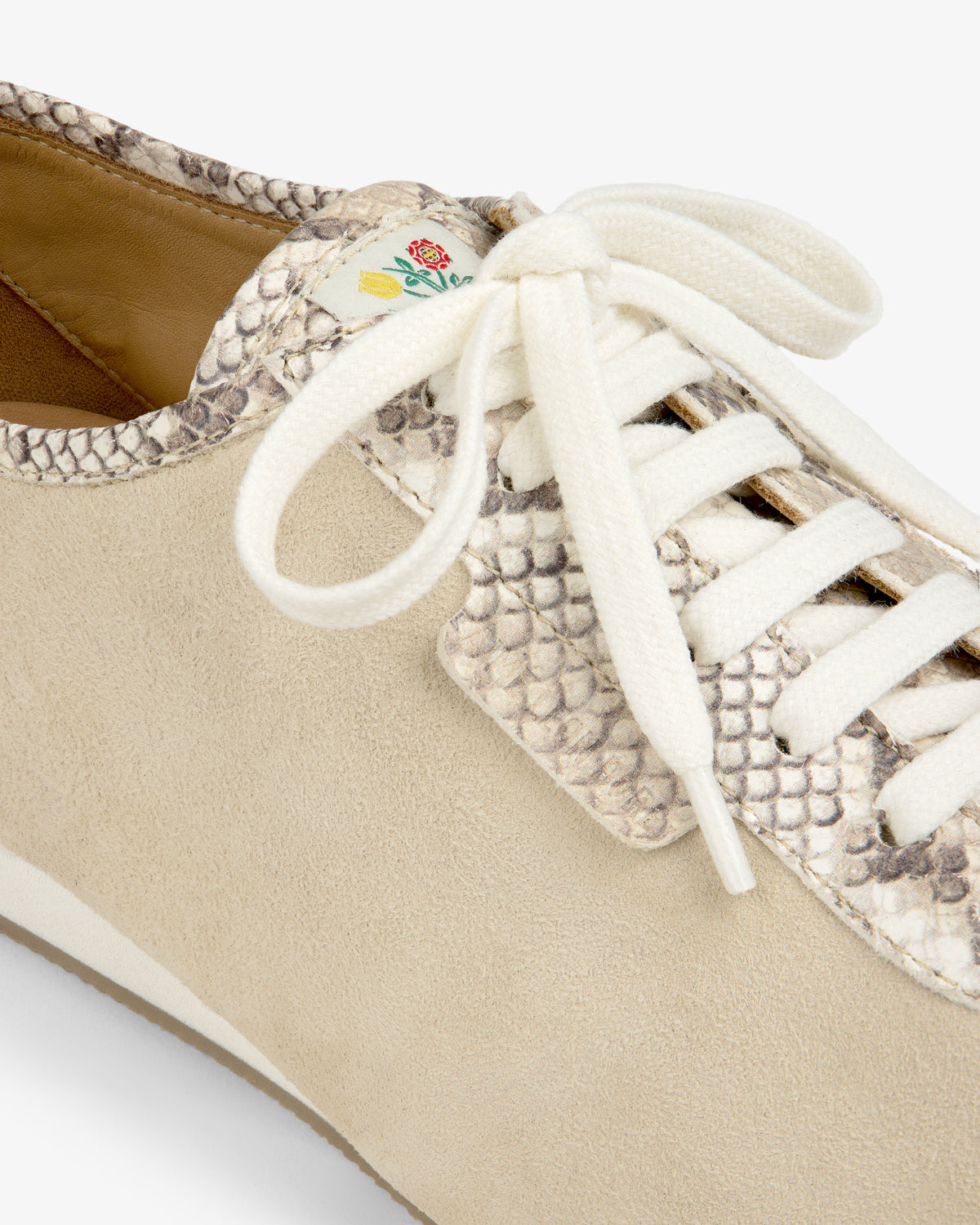 Snake Print Low Profile Suede Trainer in beige suede with snake print accents and white laces.