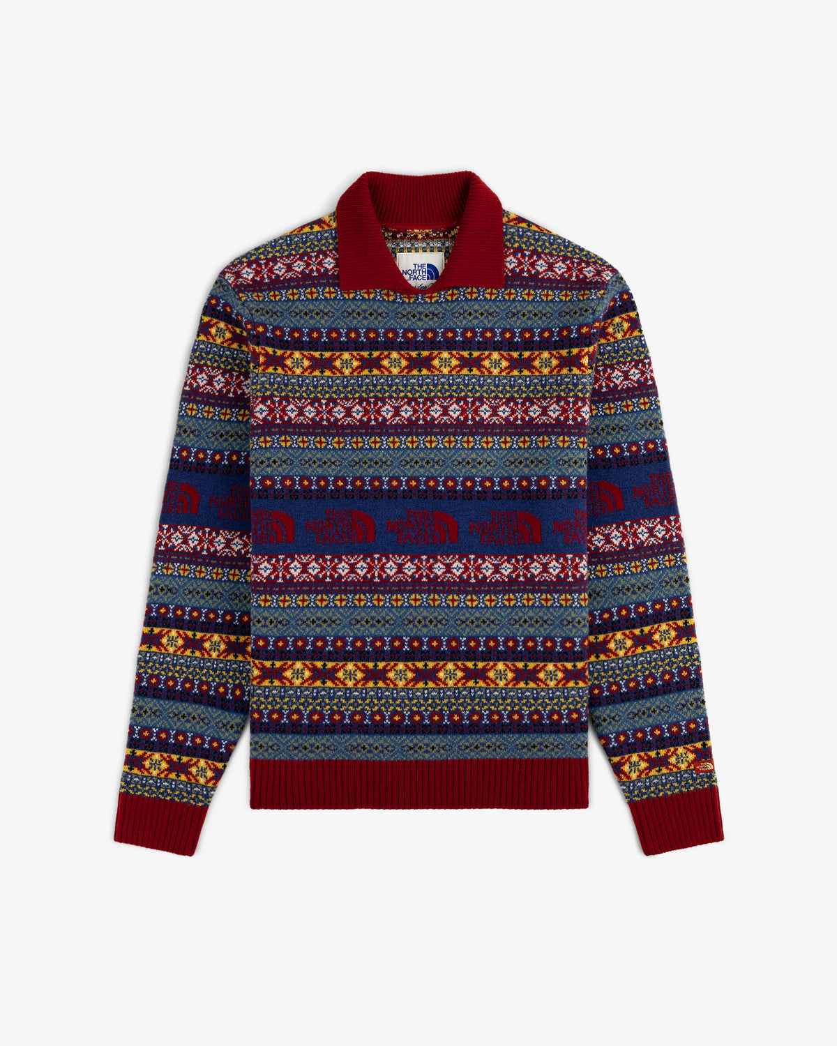 ALD/The North Face Fair Isle Knit Polo with red collar, blue/yellow/red patterns, and bold animal motifs.