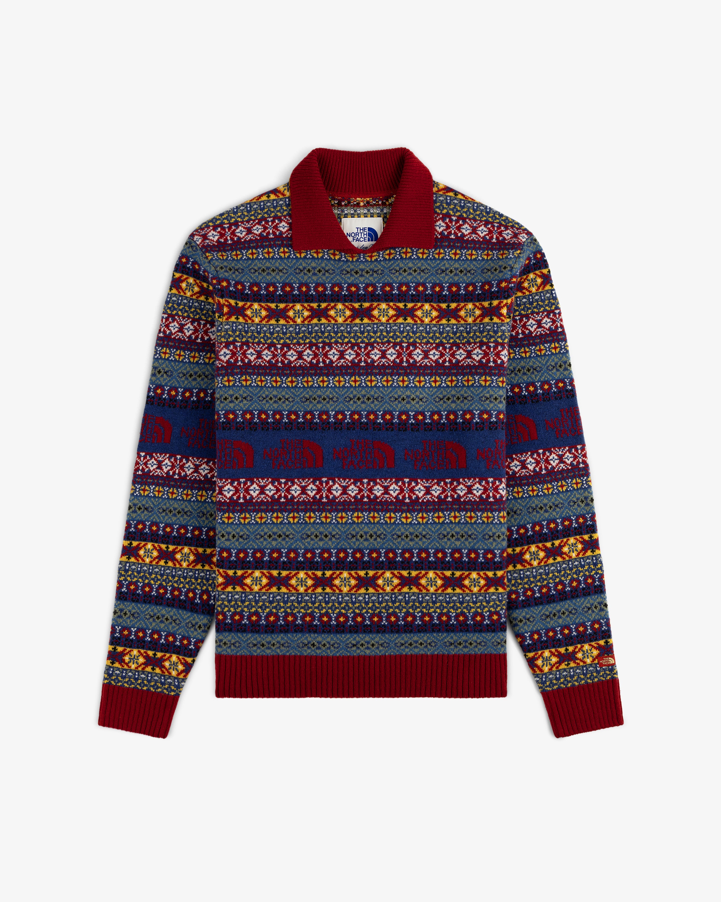 ALD/The North Face Fair Isle Knit Polo with red collar, blue/yellow/red patterns, and bold animal motifs.