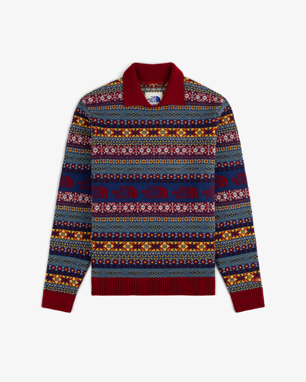 ALD/The North Face Fair Isle Knit Polo with red collar, blue/yellow/red patterns, and bold animal motifs.