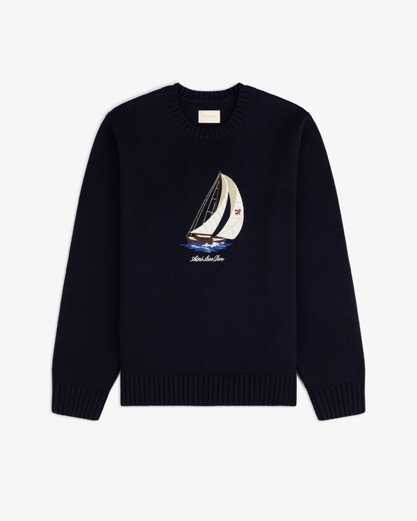 Regatta Embroidered Crewneck Sweater in navy with sailboat design, shown on a white background.