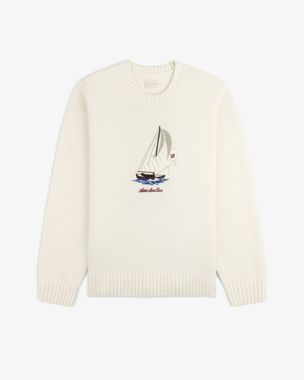 Regatta Embroidered Crewneck Sweater with sailboat and Saint-Malo Dior on front, shown on a white background.