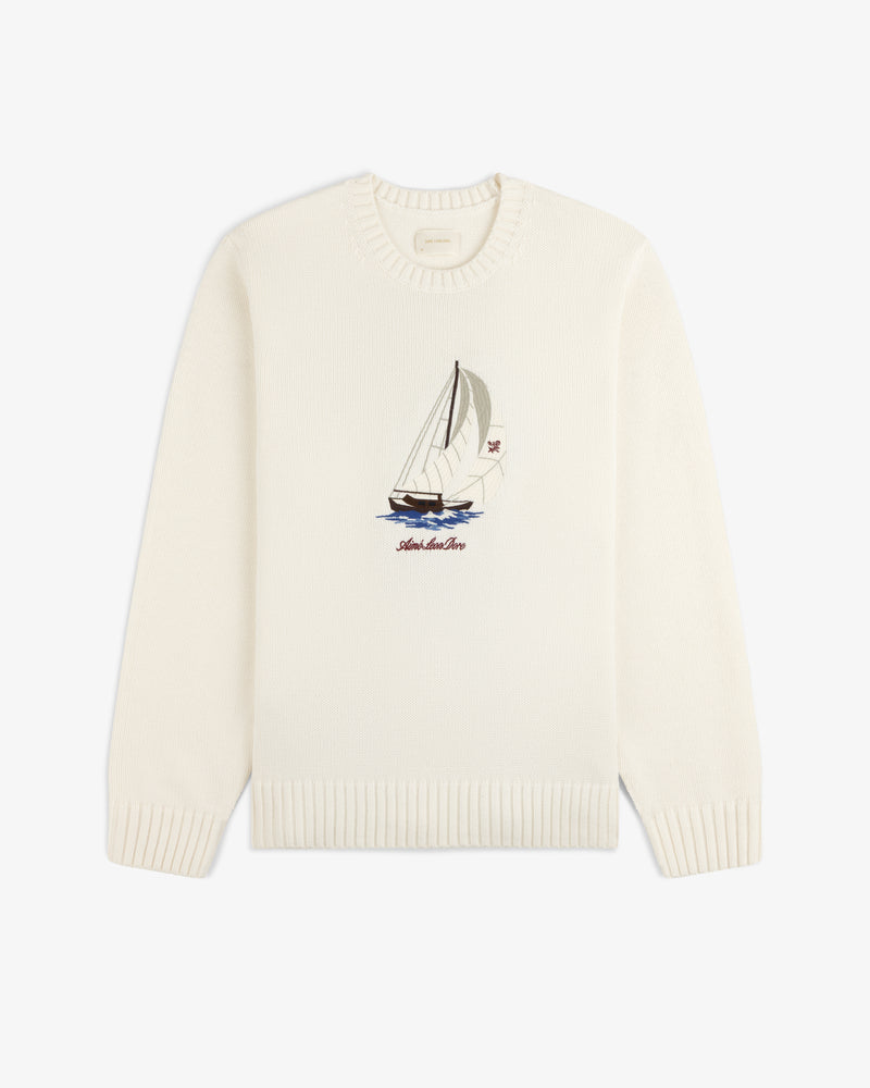 Regatta Embroidered Crewneck Sweater with sailboat and Saint-Malo Dior on front, shown on a white background.