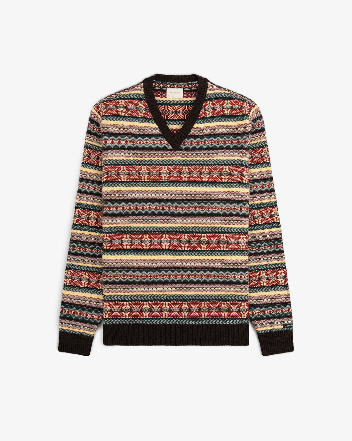 Fair Isle V-Neck Sweater with long sleeves, multicolor geometric pattern, and black collar, cuffs, and hem.