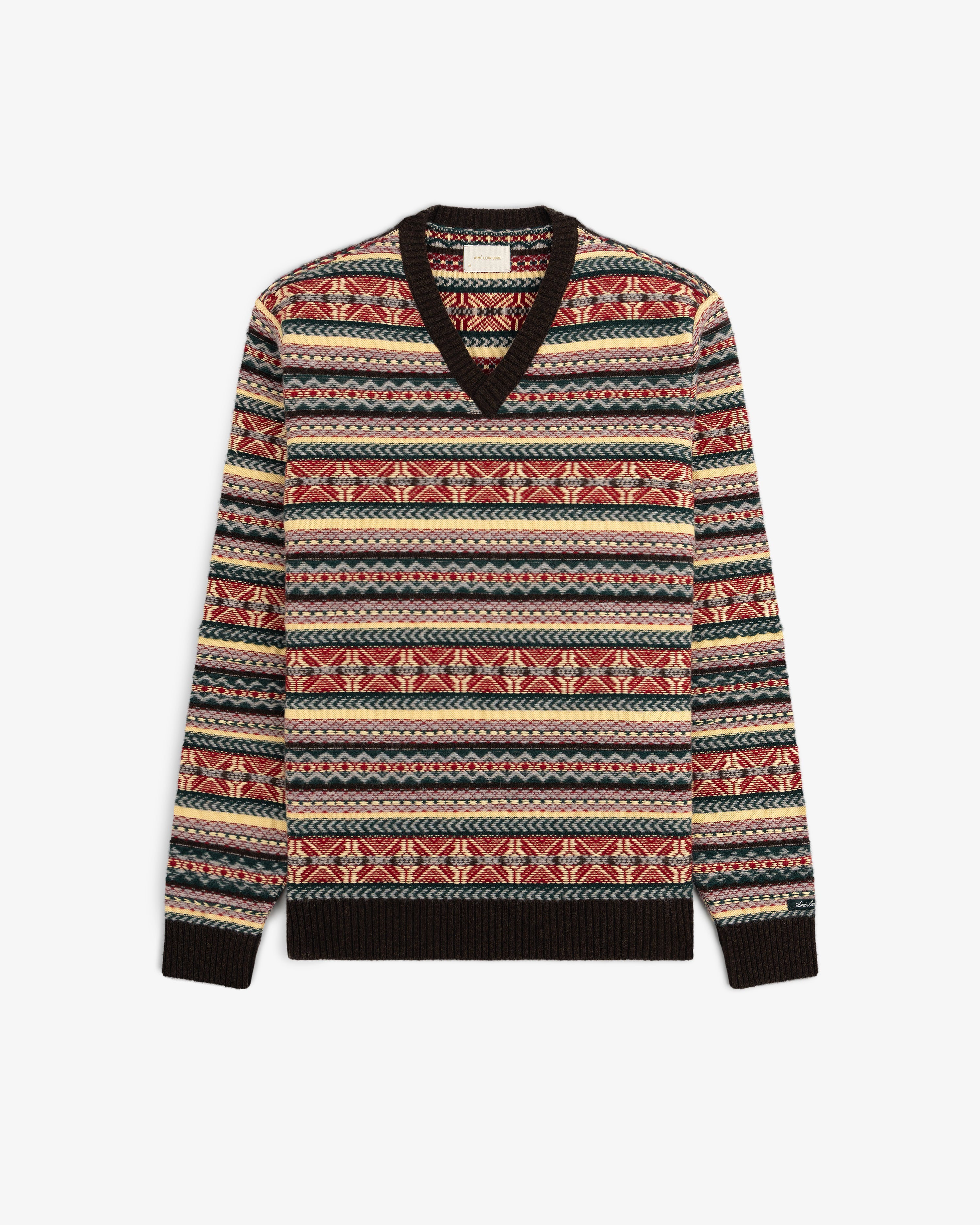 Fair Isle V-Neck Sweater with long sleeves, multicolor geometric pattern, and black collar, cuffs, and hem.