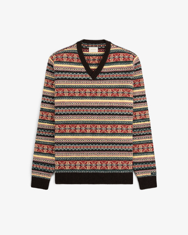 Fair Isle V-Neck Sweater with long sleeves, multicolor geometric pattern, and black collar, cuffs, and hem.