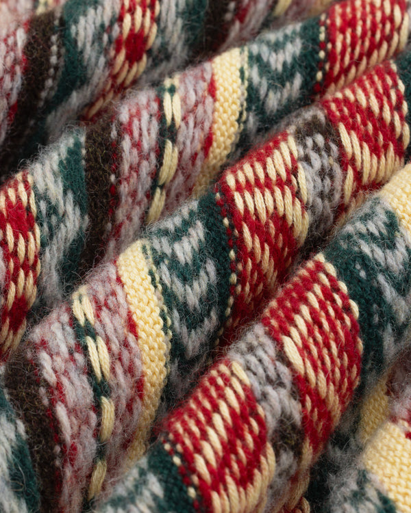 Close-up of Fair Isle V-Neck Sweater featuring colorful, textured knit with red, yellow, gray, and green stripes.