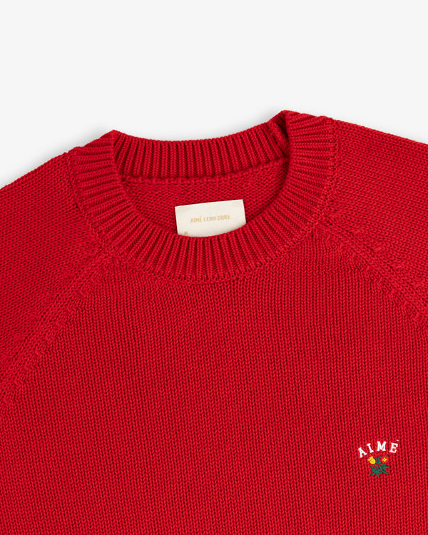 Crest Raglan Sweater: red knit crewneck with ribbed collar and small white AIME logo above a rose on the chest.