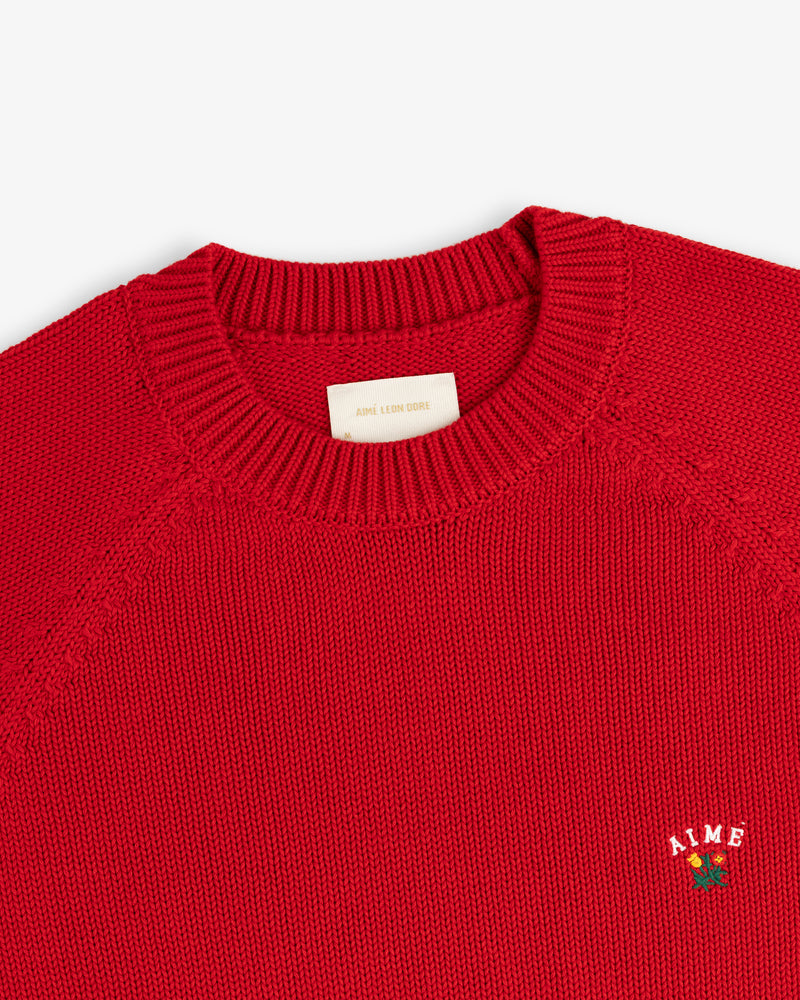 Crest Raglan Sweater: red knit crewneck with ribbed collar and small white AIME logo above a rose on the chest.