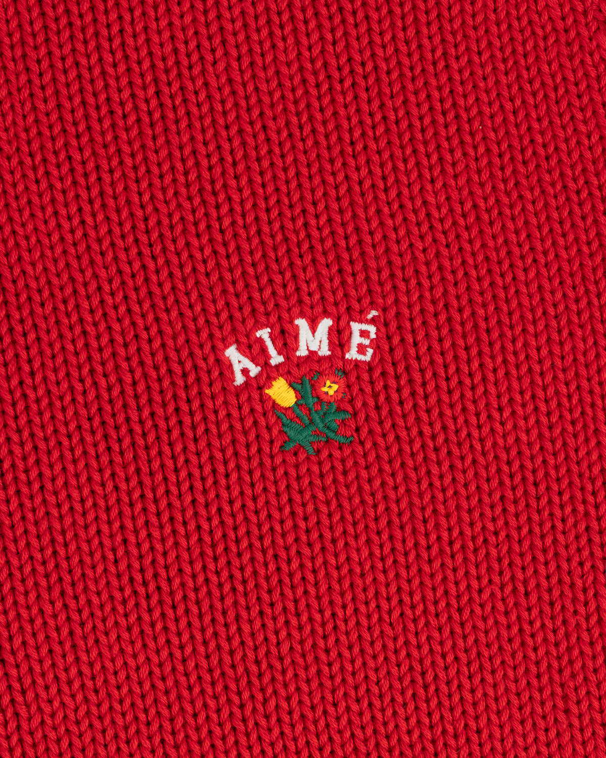 Crest Raglan Sweater: red knit with AIMÉ and small yellow-red floral embroidery at center.