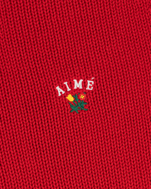 Crest Raglan Sweater: red knit with AIMÉ and small yellow-red floral embroidery at center.