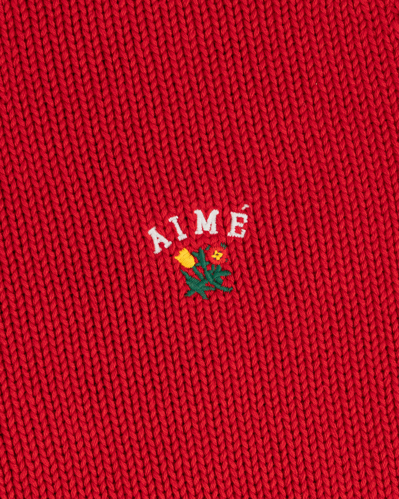 Crest Raglan Sweater: red knit with AIMÉ and small yellow-red floral embroidery at center.