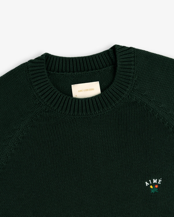Crest Raglan Sweater: Dark green knit, ribbed collar, with AIMÉ text and rose embroidery near the hem.