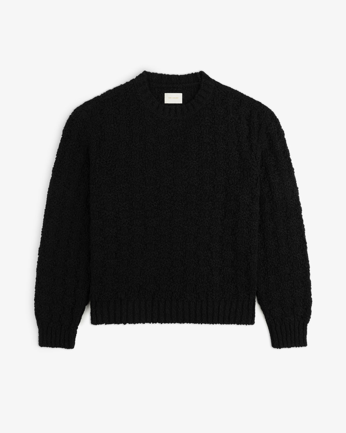 Black Checkerboard Bouclé Sweater with a long-sleeved crewneck and a textured, looped knit pattern.