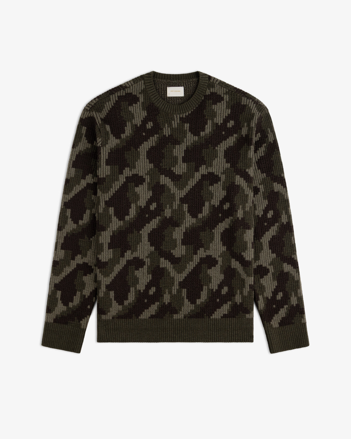 Wool Jacquard Camo Sweater in olive green and dark charcoal with a crewneck.