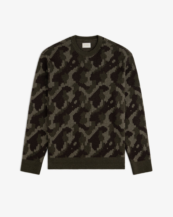 Wool Jacquard Camo Sweater in olive green and dark charcoal with a crewneck.