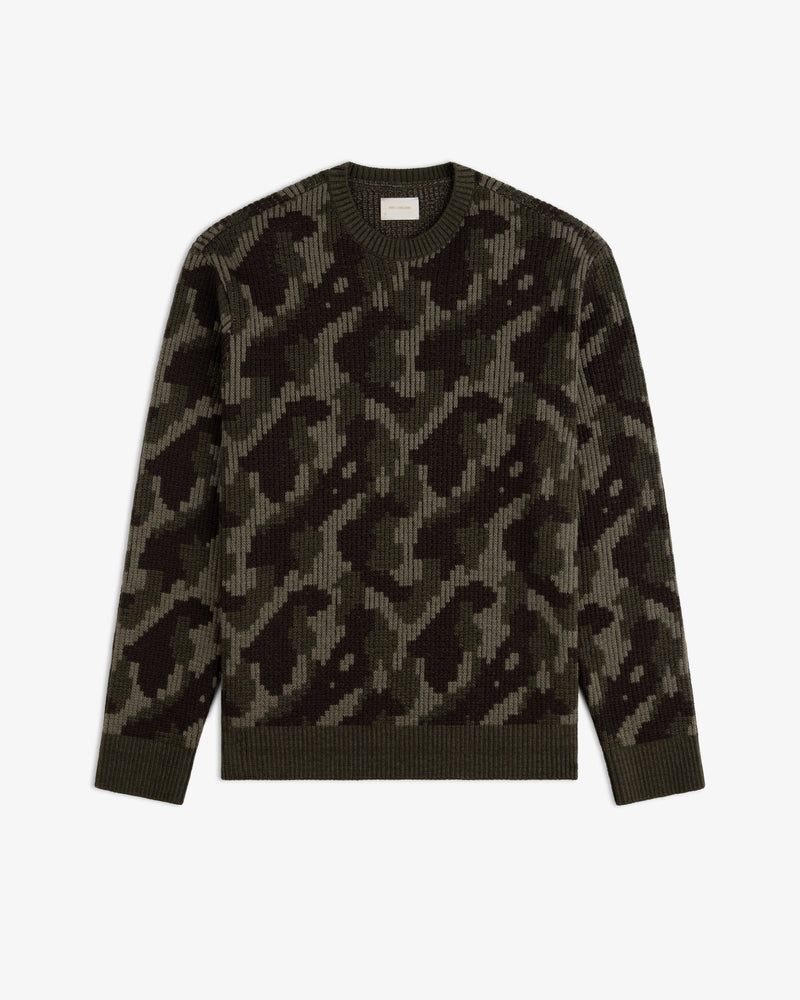 Wool Jacquard Camo Sweater in olive green and dark charcoal with a crewneck.