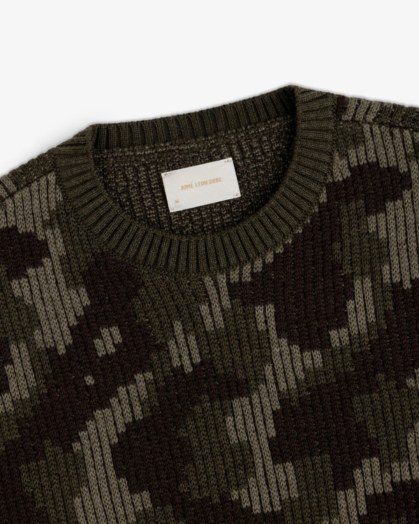 Wool Jacquard Camo Sweater in olive and dark brown with a ribbed crew neckline.