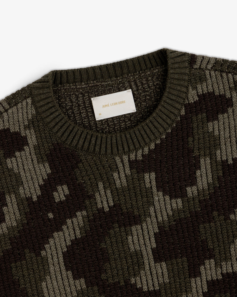 Wool Jacquard Camo Sweater in olive and dark brown with a ribbed crew neckline.