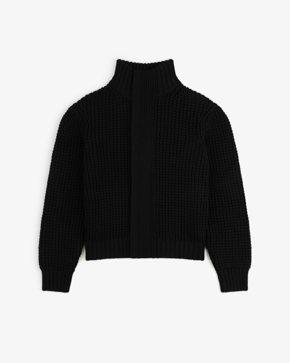 Black Merino Wool Full Zip Sweater with a high ribbed collar and a textured knit body.