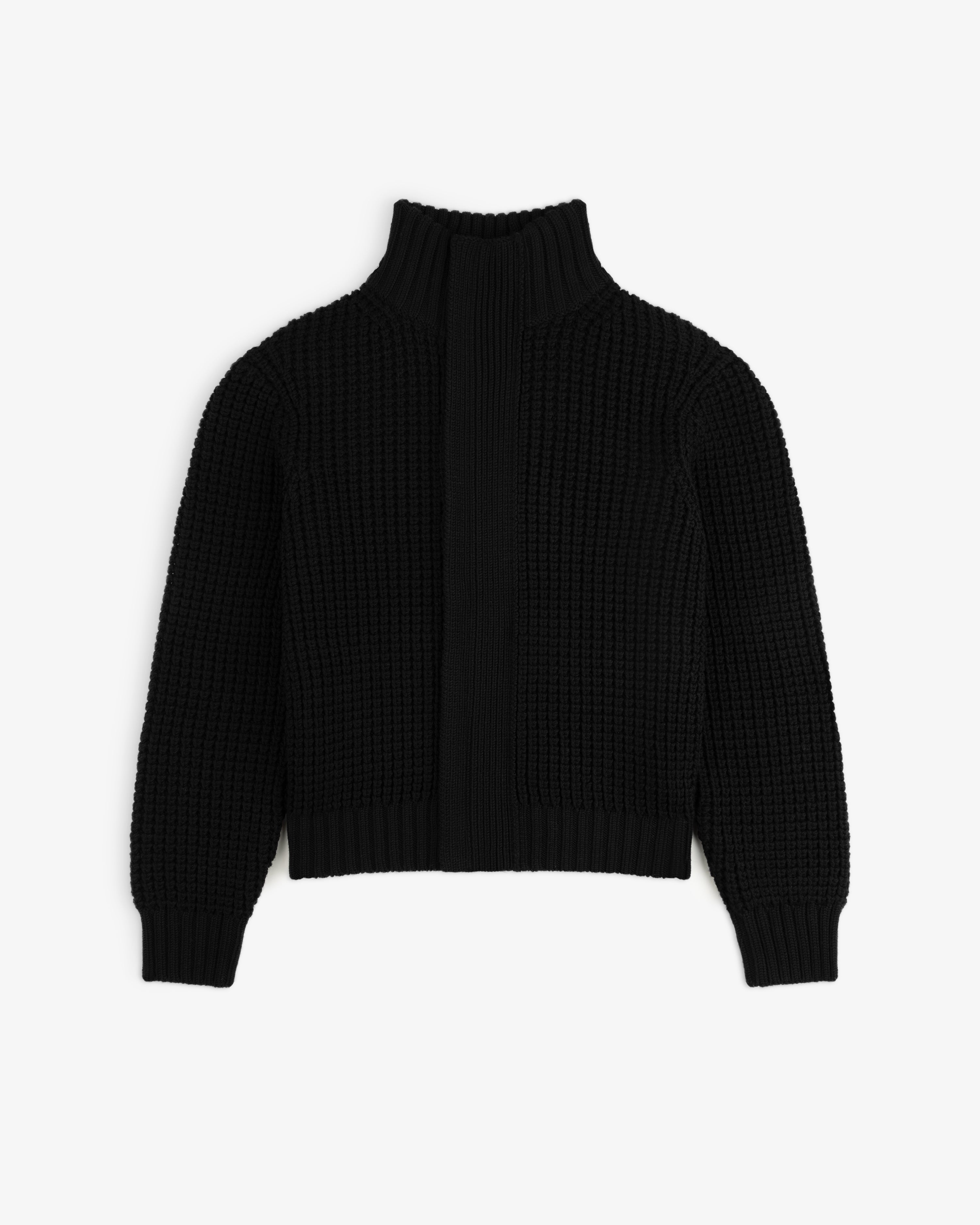 Black Merino Wool Full Zip Sweater with a high ribbed collar and a textured knit body.