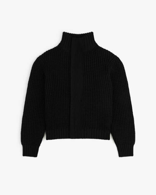Black Merino Wool Full Zip Sweater with a high ribbed collar and a textured knit body.