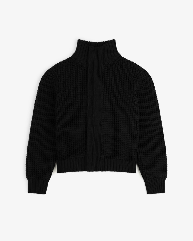 Black Merino Wool Full Zip Sweater with a high ribbed collar and a textured knit body.