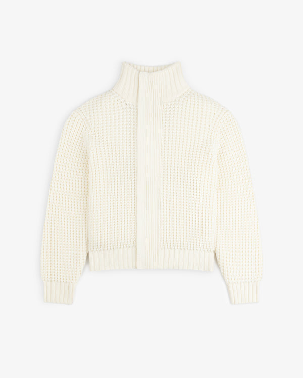 Off-white Merino Wool Full Zip Sweater with a high ribbed collar and a waffle-knit texture.