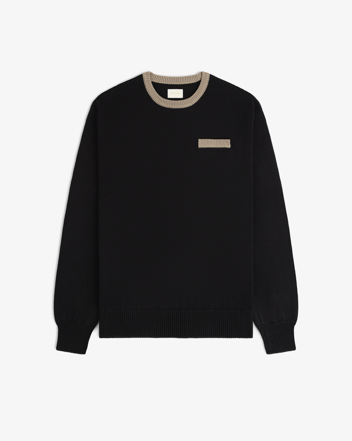 Knit Pocket Crewneck Sweater in black with a contrasting tan ribbed collar and a small matching chest pocket.