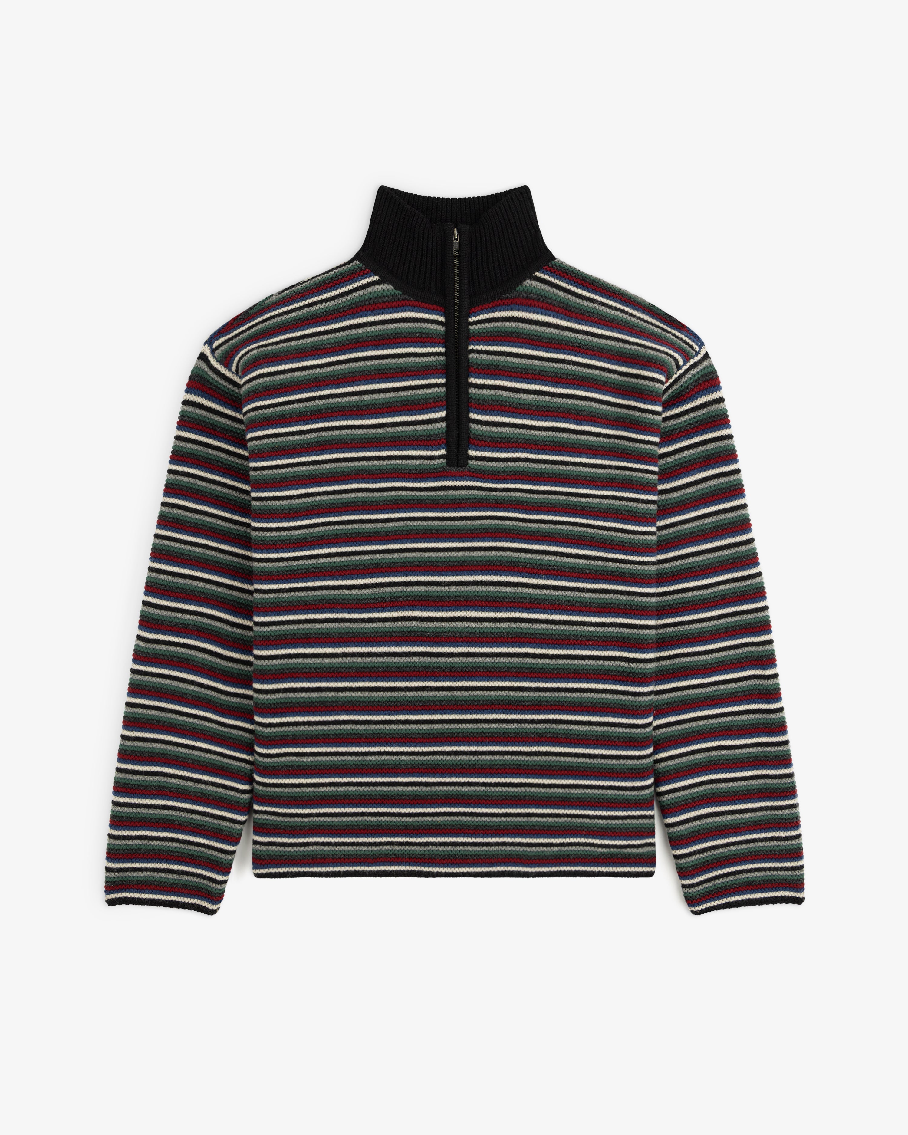 Ottoman Stripe Quarter Zip Sweater featuring a horizontal multi-colored stripe pattern and a black ribbed collar.