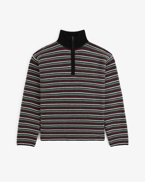 Ottoman Stripe Quarter Zip Sweater featuring a horizontal multi-colored stripe pattern and a black ribbed collar.