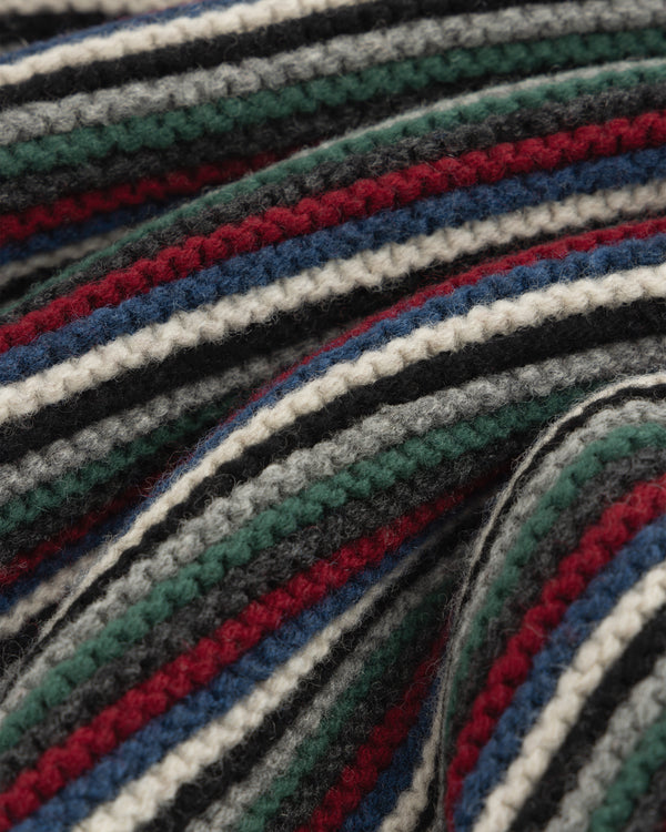 Ottoman Stripe Quarter Zip: close-up of textured horizontal stripes in black, gray, green, red, and blue.