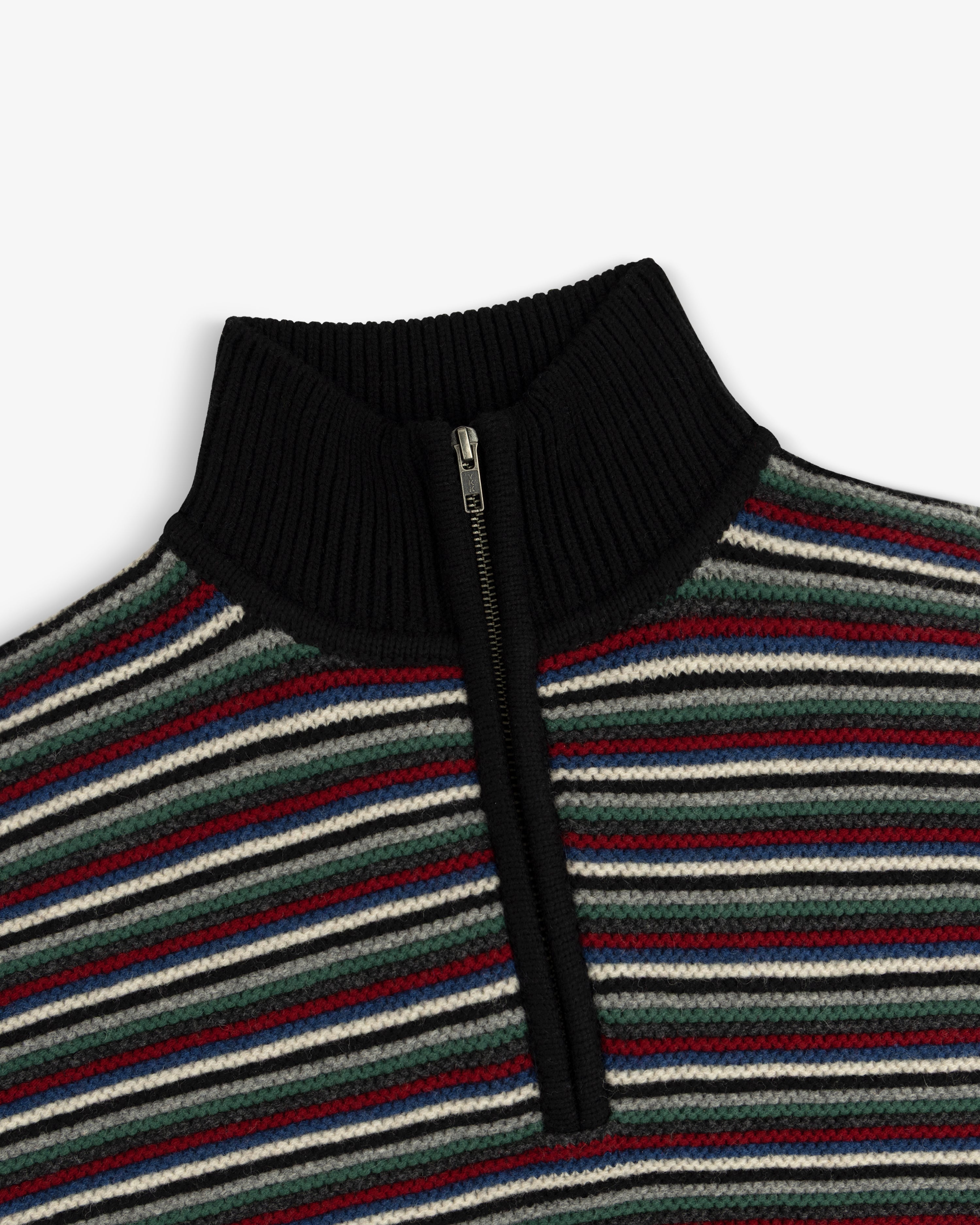Ottoman Stripe Quarter Zip Sweater with black ribbed collar and red, green, blue, gray, and white horizontal stripes.