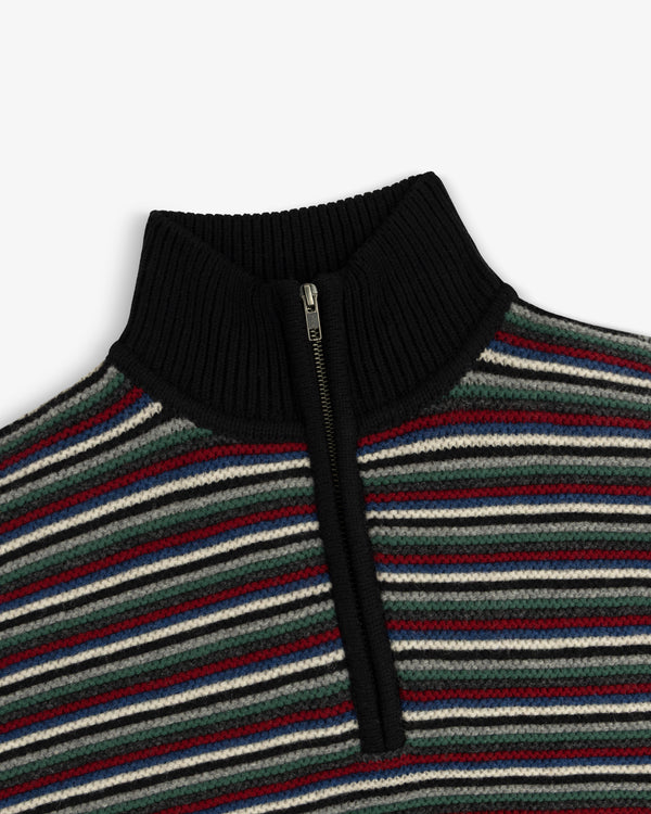 Ottoman Stripe Quarter Zip Sweater with black ribbed collar and red, green, blue, gray, and white horizontal stripes.
