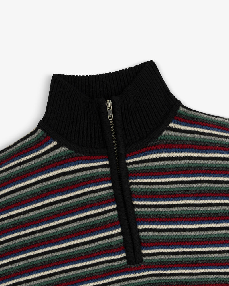 Ottoman Stripe Quarter Zip Sweater with black ribbed collar and red, green, blue, gray, and white horizontal stripes.