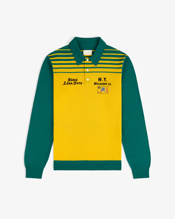 Green/yellow Merino Wool Knit Cycling Polo with stripes, collar, chest embroidery, and patch detail.