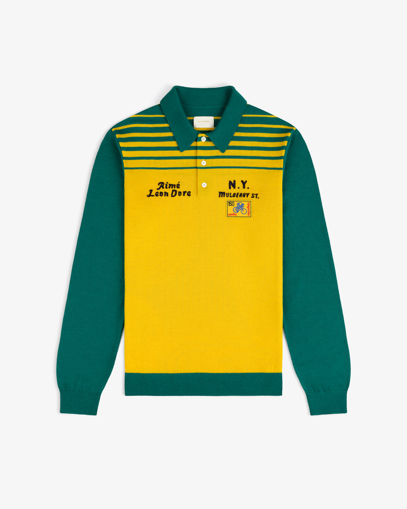 Green/yellow Merino Wool Knit Cycling Polo with stripes, collar, chest embroidery, and patch detail.