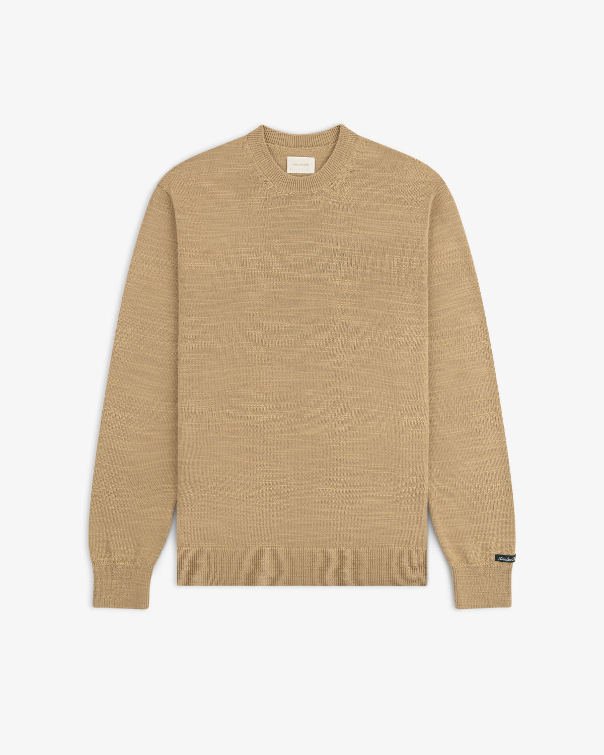 Slub Merino Wool Sweater in a tan crew-neck, long-sleeve textured knit.