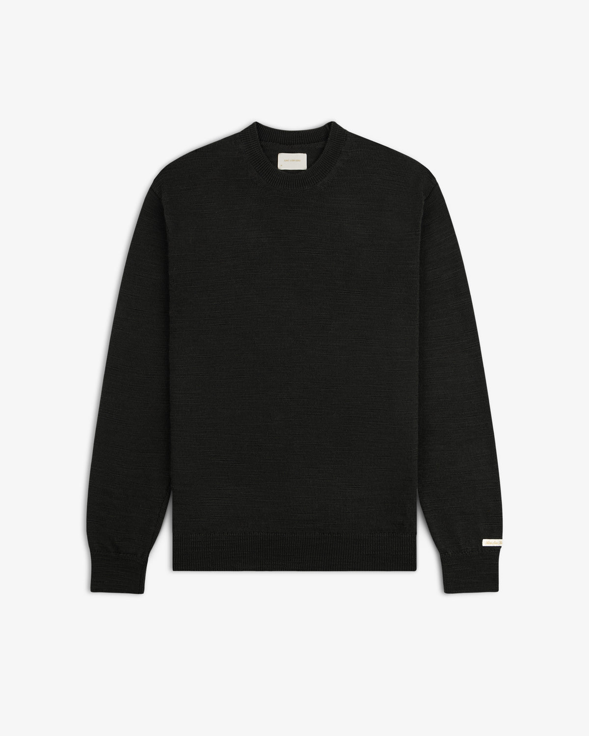 Black Slub Merino Wool sweater with a crewneck, textured knit, and ribbed trim.