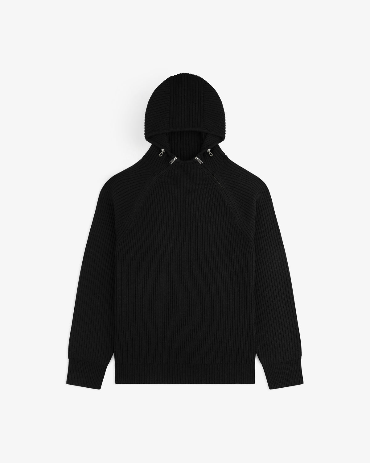 Black Wool Ribbed Knit Hoodie with a drawstring hood.