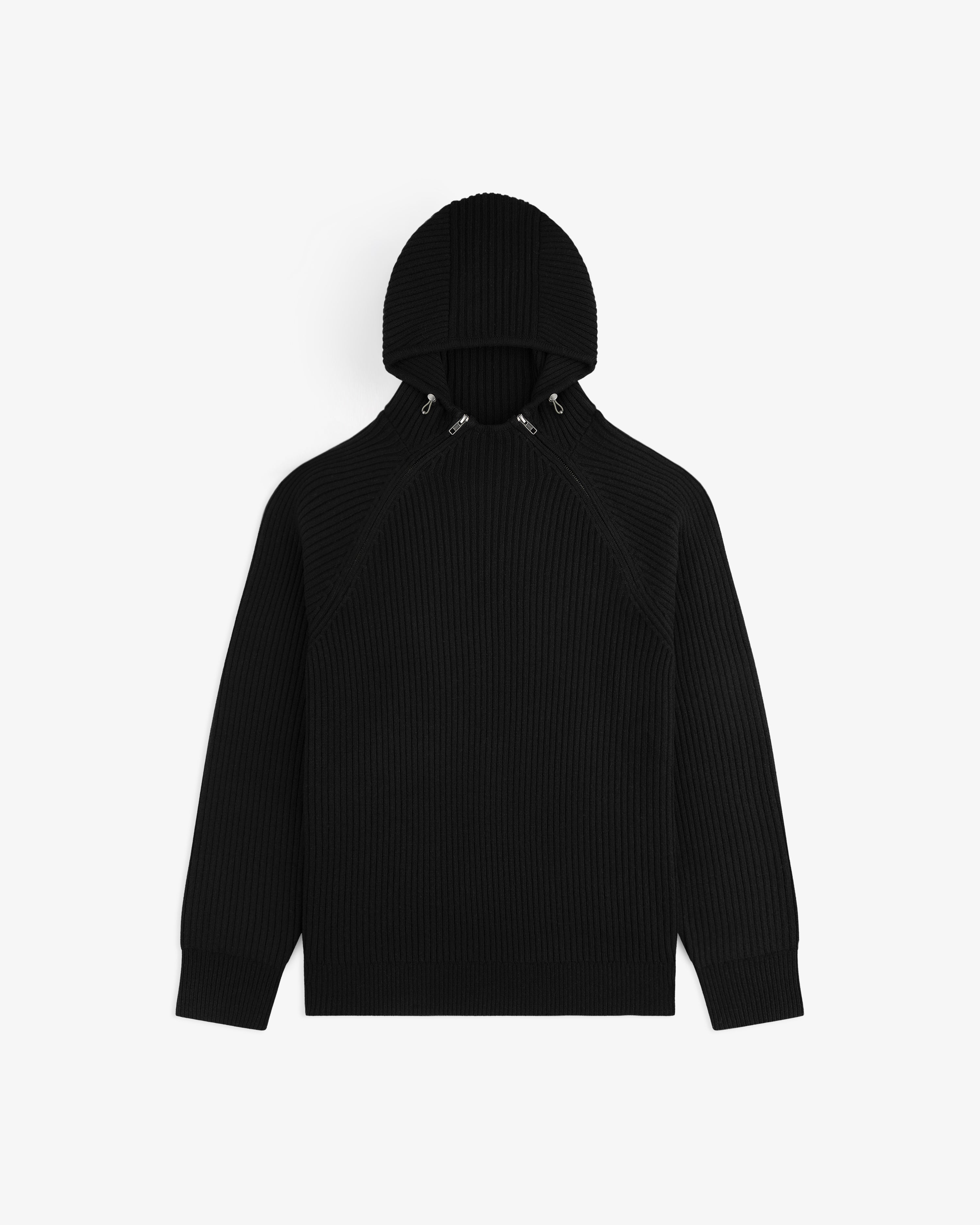 Black Wool Ribbed Knit Hoodie with a drawstring hood.