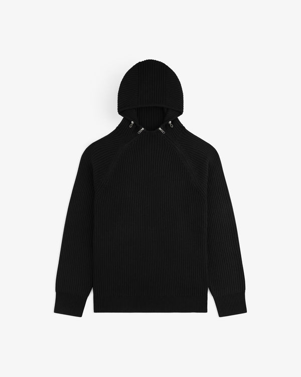 Black Wool Ribbed Knit Hoodie with a drawstring hood.