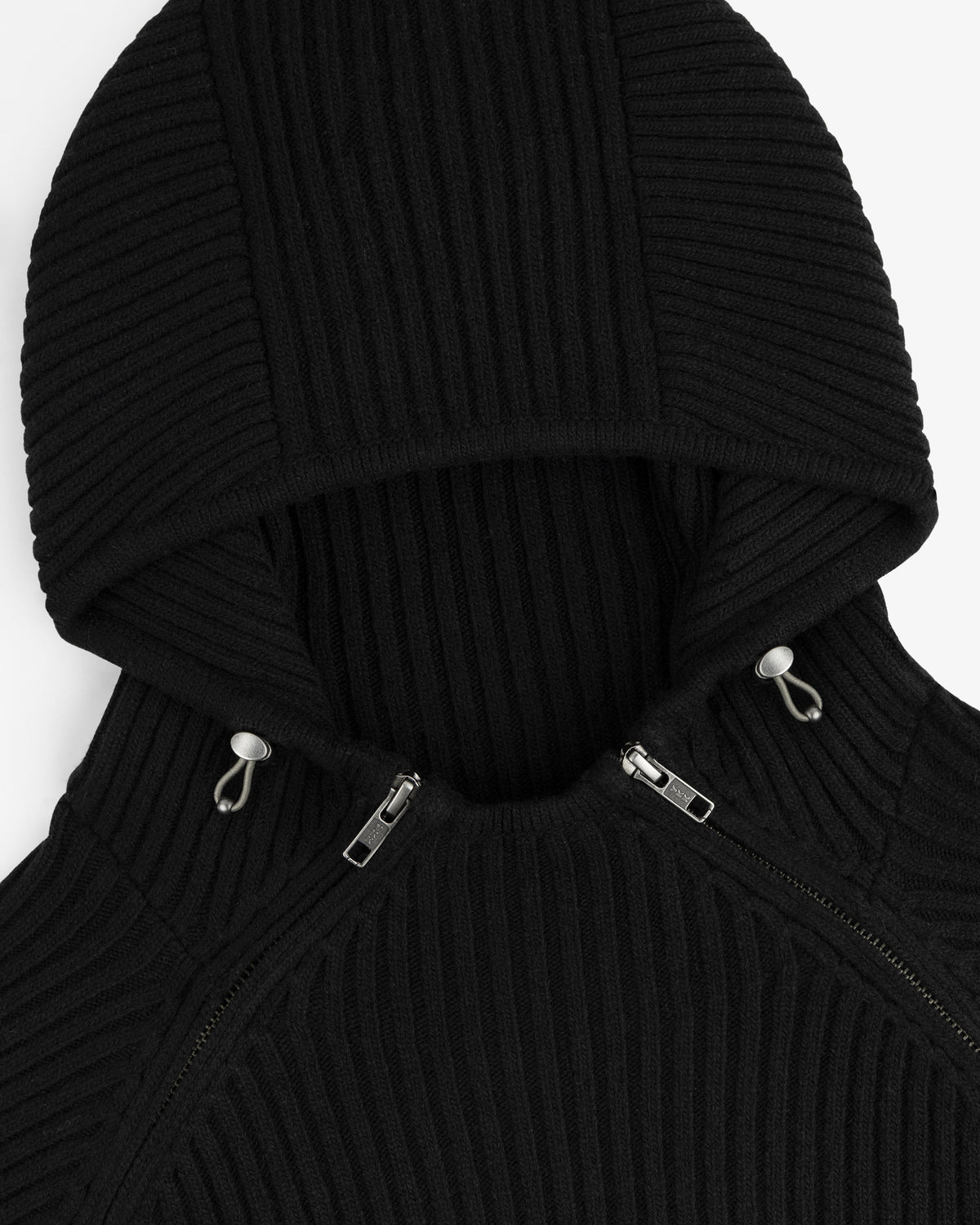 Black Wool Ribbed Knit Hoodie with a front zipper and adjustable drawstring hood.