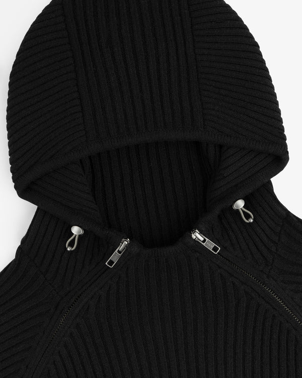Black Wool Ribbed Knit Hoodie with a front zipper and adjustable drawstring hood.
