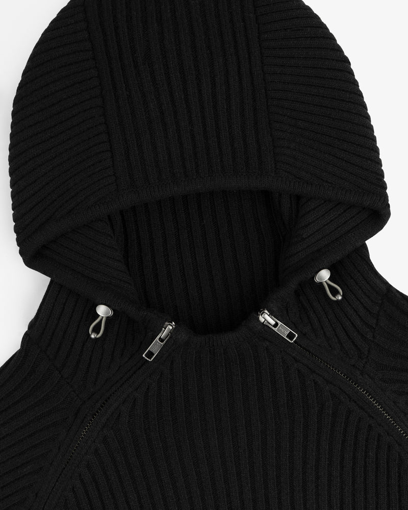 Black Wool Ribbed Knit Hoodie with a front zipper and adjustable drawstring hood.