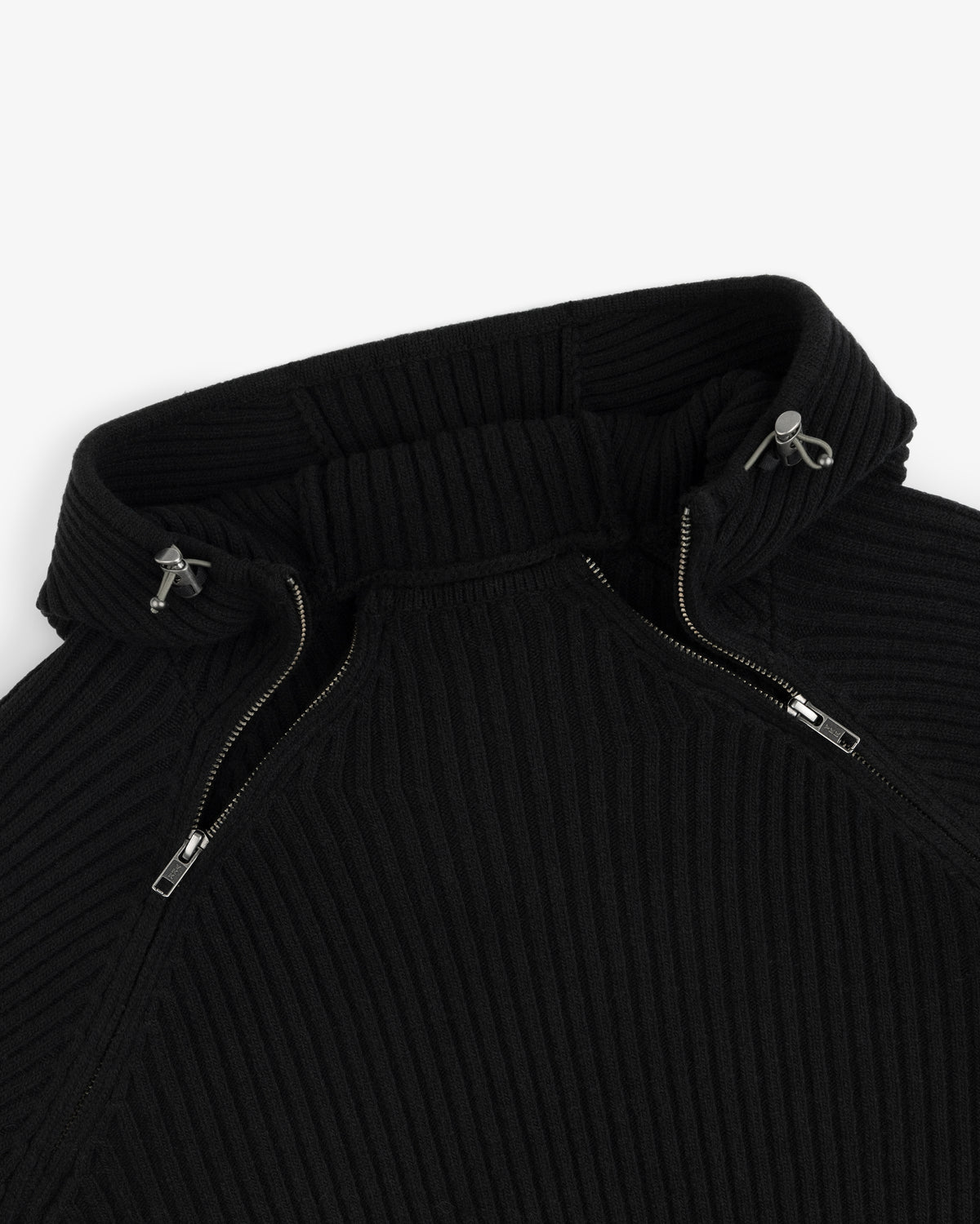 Black Wool Ribbed Knit Hoodie with a high-neck zippered collar and metal drawstring toggles.