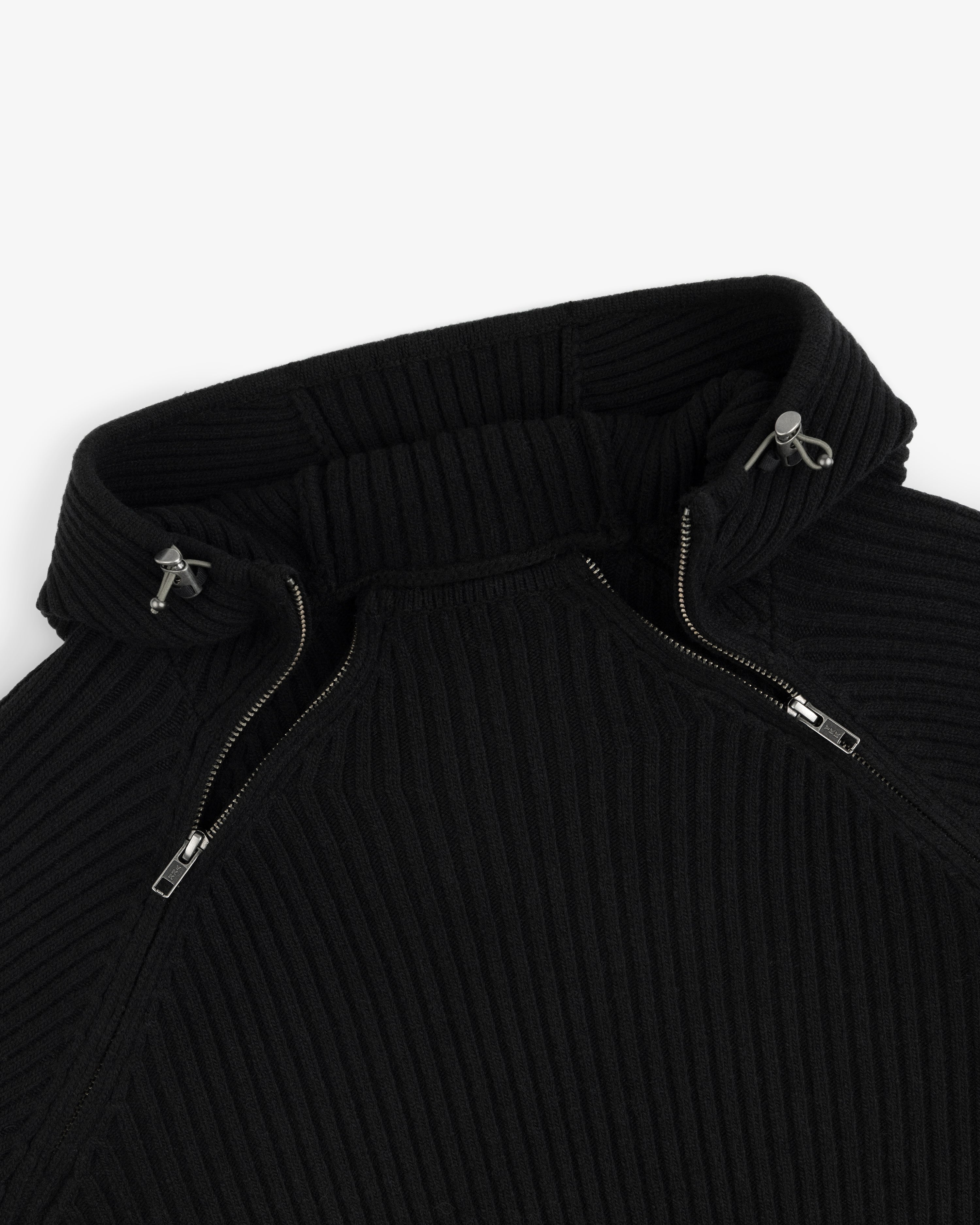Black Wool Ribbed Knit Hoodie with a high-neck zippered collar and metal drawstring toggles.